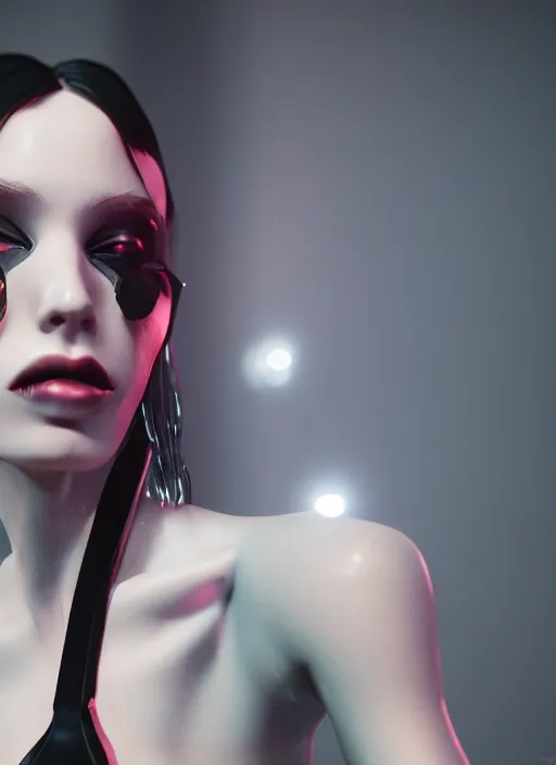 Prompt: close up of a fashion model on acid, posing in dramatic lighting, plastic clean ultra high definition, uplighting, cinematic, sheek unreal engine 5 ray tracing, by paolo roversi, masterpiece