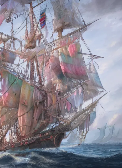 Image similar to detailed concept art illustration colorful pastel painting of a pirate ship in full intricate sails, ultra detailed, digital art, octane render, 4K, dystopian, micro details
