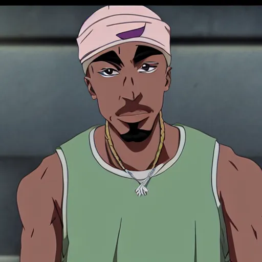 Image similar to Tupac Shakur, screenshot from a 2012s anime, anime