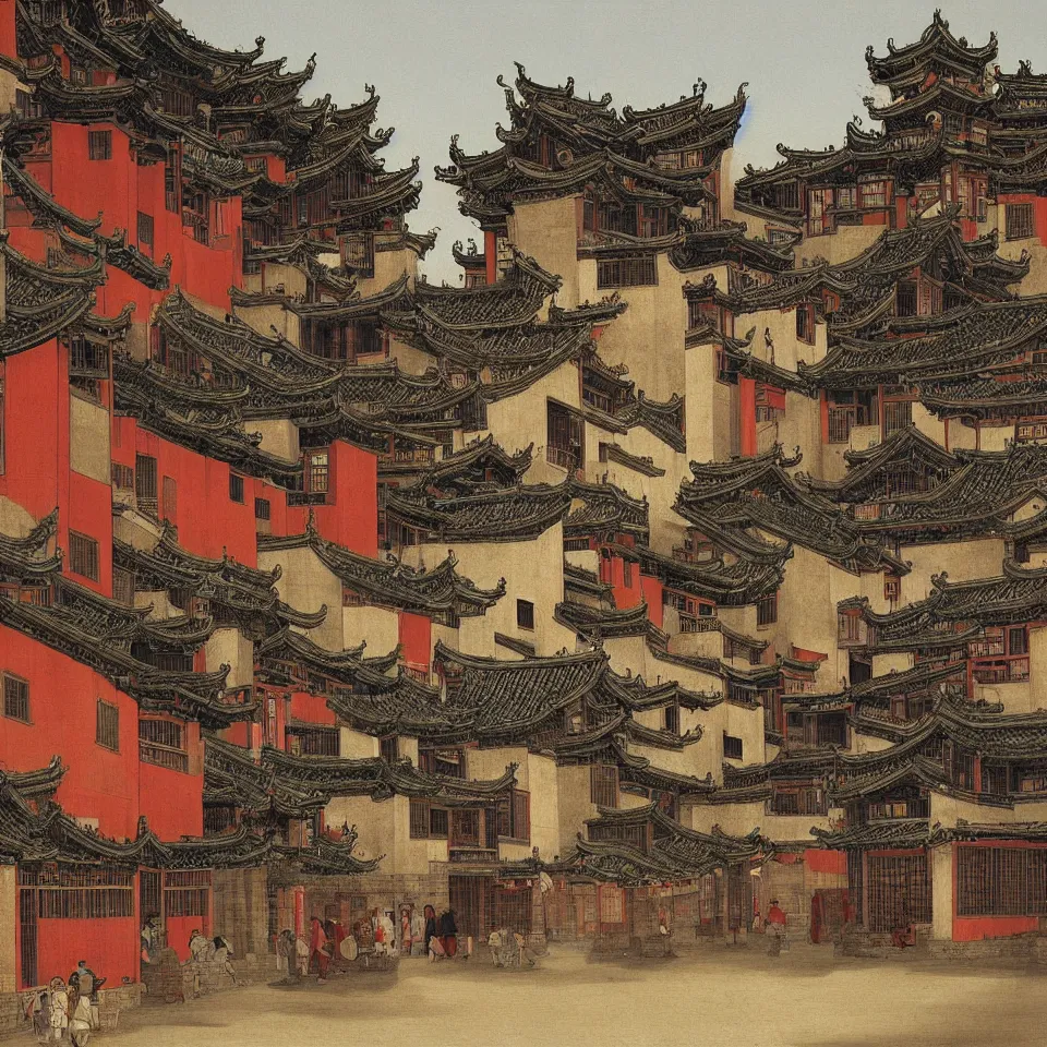 Prompt: a painting of hongcun ancient village houses by canaletto and caravaggio and aaron horkey, dramatic lighting, analogous complementary colour scheme