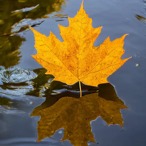 Image similar to close - up of a yellow maple leaf floating on top of a pond, with reflection