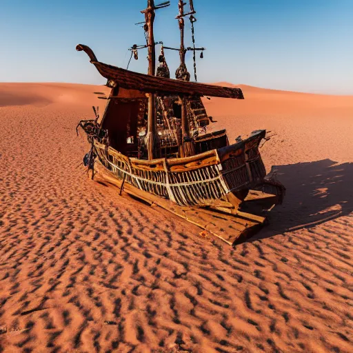 Image similar to pirate ship in the middle of the sahara desert, canon eos r 3, iso 2 0 0, 1 / 1 6 0 s, 8 k, raw, unedited, symmetrical balance, wide angle