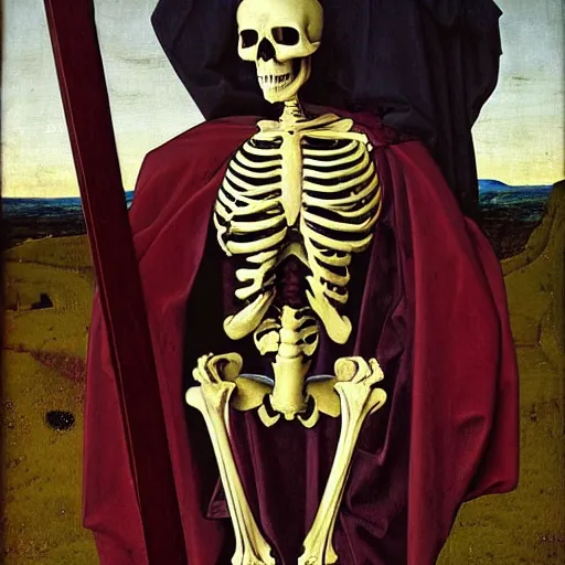 Image similar to portrait of a veiled skeleton grim reaper holding a scythe at dusk, by Jan van Eyck