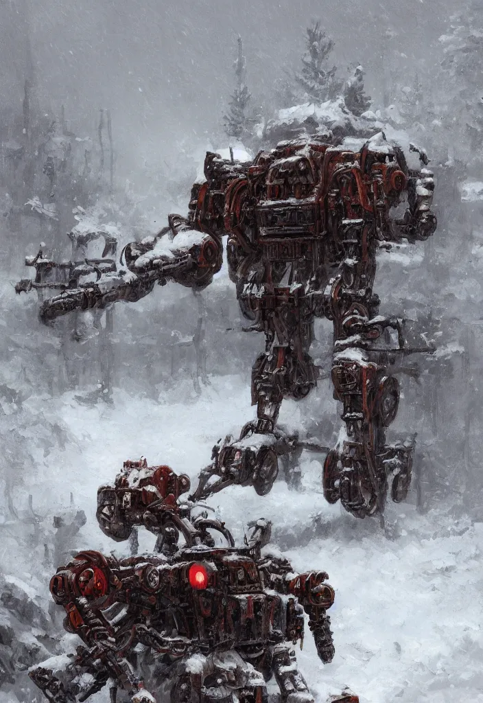 Image similar to a 1914, walking steam rusty mecha in the snow, Rozalski, trending on artstation