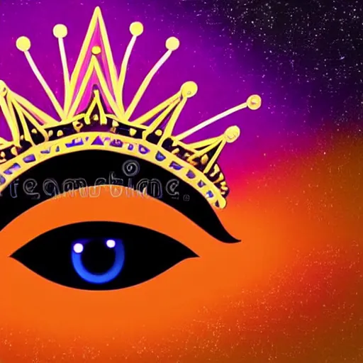 Prompt: a glowing crown sitting on a table with one beautiful eye mounted on it like a jewel, night time, vast cosmos, curly light rays, bold black lines, flat colors, minimal psychedelic 2 0 0 0 s magazine illustration