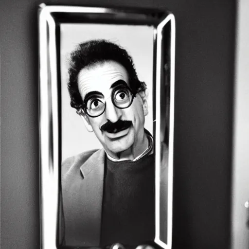 Prompt: bathroom mirror selfie of Groucho Marx, using iPhone