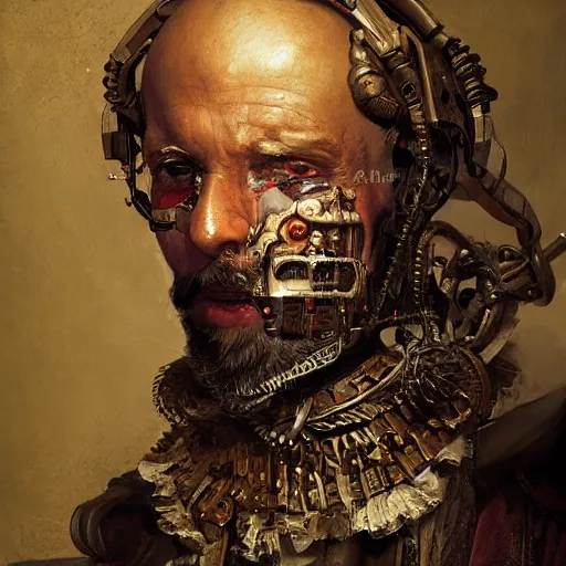 Image similar to portrait, headshot, digital painting, of a old 17th century, old cyborg merchant, amber jewels, baroque, ornate clothing, scifi, realistic, hyperdetailed, chiaroscuro, concept art, art by Franz Hals and Jon Foster