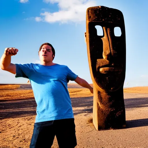 Prompt: man with a moai head doing a kickflip over the words'off - topic