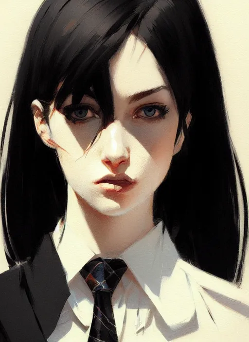 Image similar to ultradetailed beautiful panting of a stylish woman wearing a shirt with a tie, she has black hair, distressed, by ashley wood, ilya kuvshinov, greg rutkowski on artstation