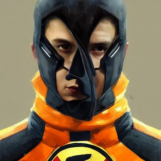 Image similar to portrait of a superhero by greg rutkowski, he looks like miles teller, he is wearing a black, orange and yellow kevlar gear, highly detailed portrait, digital painting, artstation, concept art, smooth, sharp foccus ilustration, artstation hq