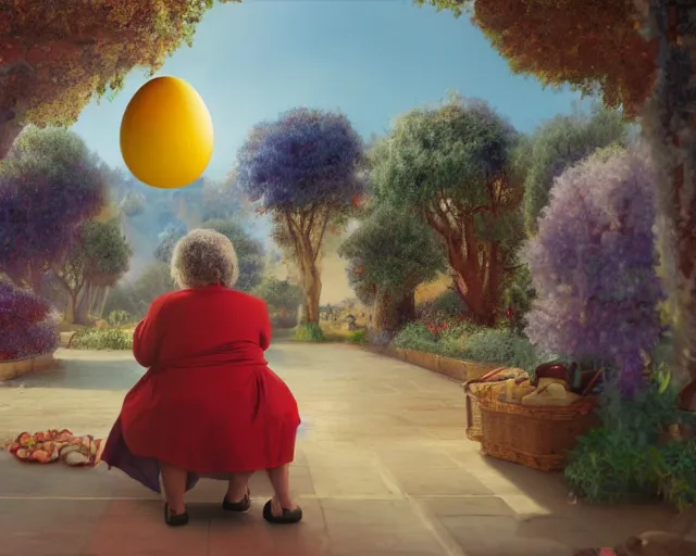 Image similar to םכ a very beautiful scene. processing block environment. a sweet fat old woman is in love with a huge, colorful and beautiful egg. hyper realistic. 4 k. wide angle. in the baroque style. wild. symmetrical face, red mouth, blue eyes. deep focus, lovely scene. processing block environment. concept art. unreal engine.