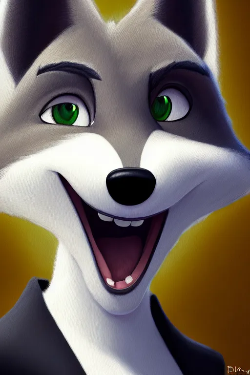 Image similar to oil painting of anthromorphic female wolf, in style of zootopia, female fursona, furry, furaffinity, 4 k, deviantart, furry art, fursona art, wearing black business suit, business suit, wolf fursona, female, very expressive detailed feminine face,