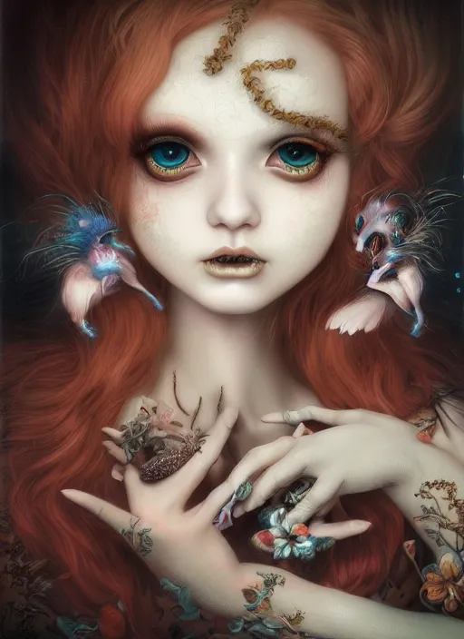 Image similar to pop surrealism, lowbrow art, realistic cute girl painting, japanese street fashion, hyper realism, muted colours, rococo, natalie shau, loreta lux, tom bagshaw, mark ryden, trevor brown style,