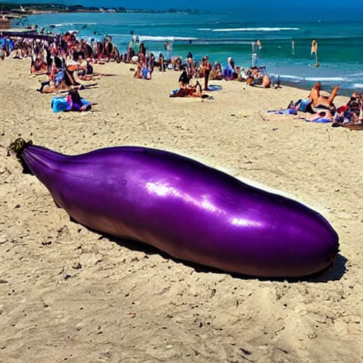 Image similar to huge eggplant in look like robot sunbathing on the beach among people, photo,