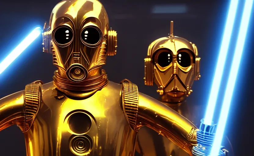 Image similar to c - 3 po as a hamster, movie still, star wars, cinematic, sharp focus, cinematic grain, cinematic lighting, 8 k