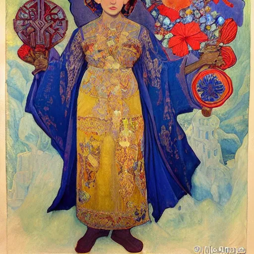 Prompt: queen of the dawn with her lantern and regalia, by Annie Swynnerton!! and Nicholas Roerich! and ((((((Tino Rodriguez and Diego Rivera)))))), embroidered robes, floral tattoos, bioluminescent skin!, elaborate costume, geometric ornament, symbolist, soft colors, dramatic lighting, smooth, sharp focus, extremely detailed