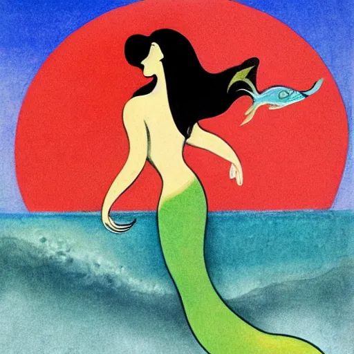 Image similar to A beautiful conceptual art of a mermaid swimming in the ocean. Her long, flowing hair streams behind her as she gracefully navigates the water. A coral reef and colorful fish can be seen in the background. Archean by Leonetto Cappiello