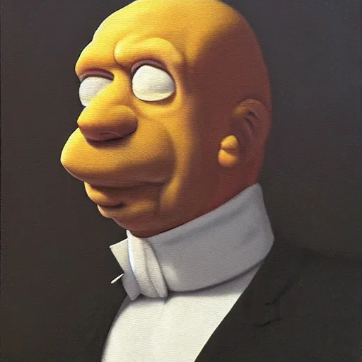 Image similar to Homer Simpson, oil on canvas, very detailed, realistic, painted by David Caspar Friedrich