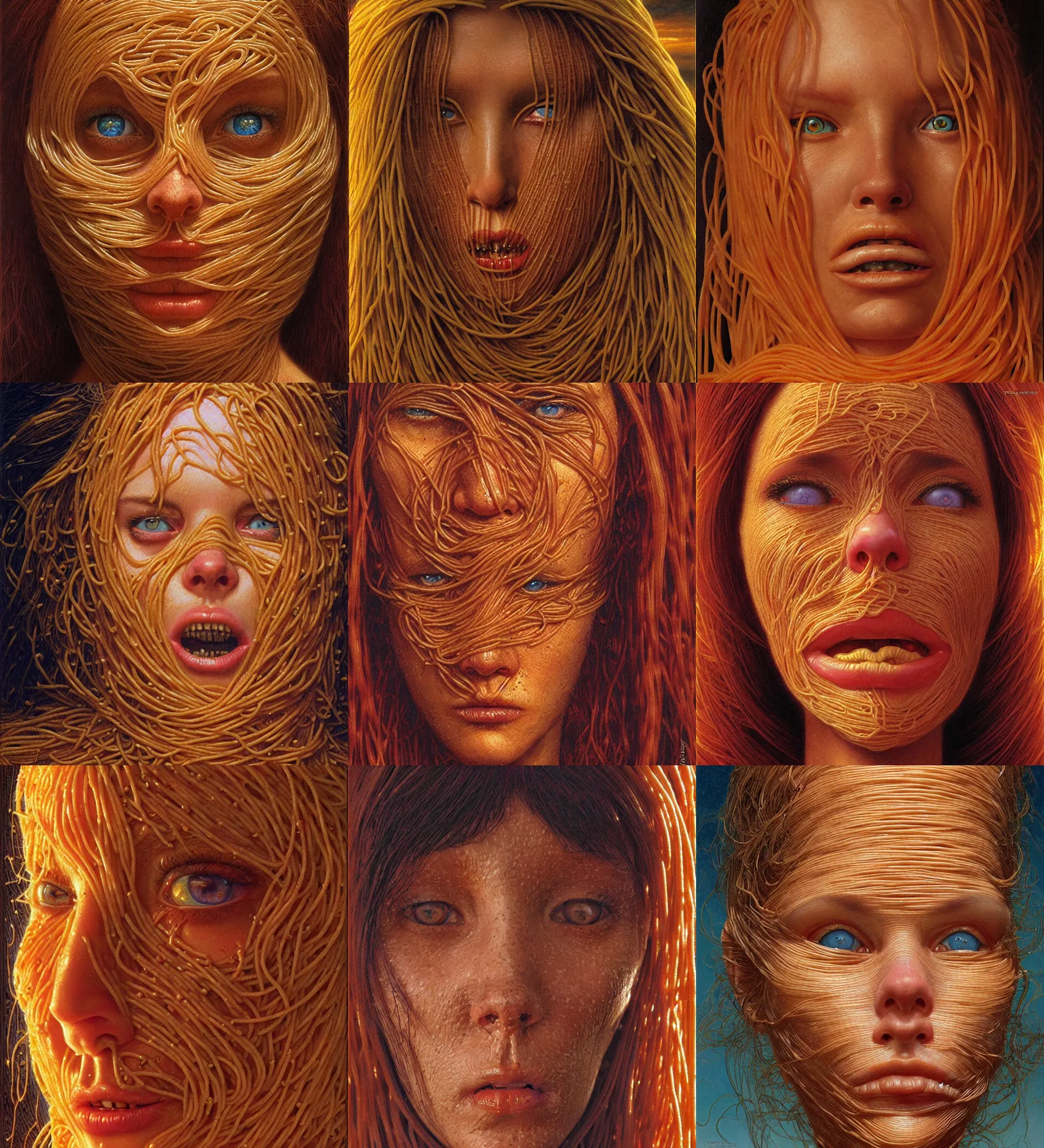 Prompt: woman's face completely consisting of and totally made from spaghetti pasta, epic composition, 2 0 0 mm focal length, donato giancola, tim hildebrandt, wayne barlow, bruce pennington, larry elmore