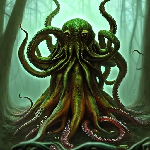 Prompt: cthulhu octopus frog sitting on big mushroom, full body shot, highly detailed, forest, digital painting, concept art, sharp focus, illustration, masterpiece, matte painting, glorious, unsettling, by lovecraft and greg rutkowski, luis royo and wayne barlowe, artstation