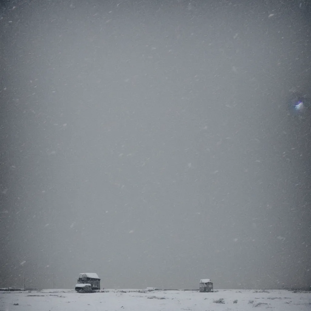 Prompt: photo of shiprock, new mexico during a snowstorm. a mark iv tank is in the distance, looking back over his shoulder. cold color temperature, snow storm. hazy atmosphere. humidity haze. kodak ektachrome, greenish expired film, award winning, low contrast,