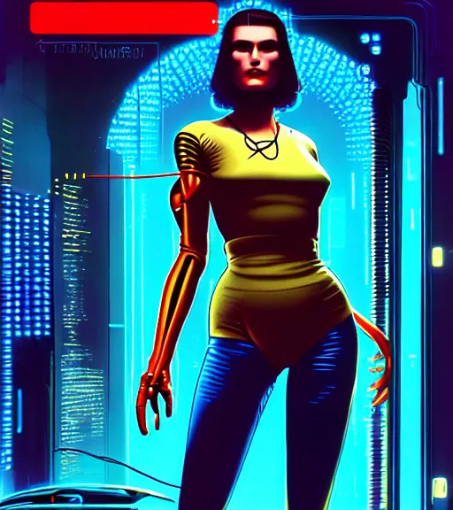 Image similar to cable inserted into head, jacked into cyberdeck wrist terminal, very very beautiful cyberpunk woman, computer, 1 9 7 9 omni magazine cover, style by vincent di fate, cyberpunk 2 0 7 7, very coherent, detailed, 4 k resolution, unreal engine, daz