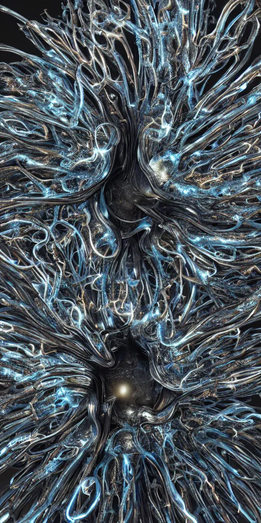 Image similar to a photorealistic render of an abstract organic sculpture made of melted metal and bioluminescent beings on a black background, c 4 d, by zhelong xu ouchh studio and ernst haeckel, wide angle, hyper realistic, plain black background, 8 k, volumetric lightning, octane render