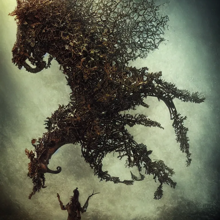 Image similar to dusty, underwater,!! bokeh, old tintype, realistic armoured tree made of leaves, dramatic light, dystopian environment, intricate, seahorse, elegant, highly detailed, headdress, artstation, sharp focus, artgerm, tomasz alen kopera, peter mohrbacher, donato giancola, boris vallejo, frank frazetta