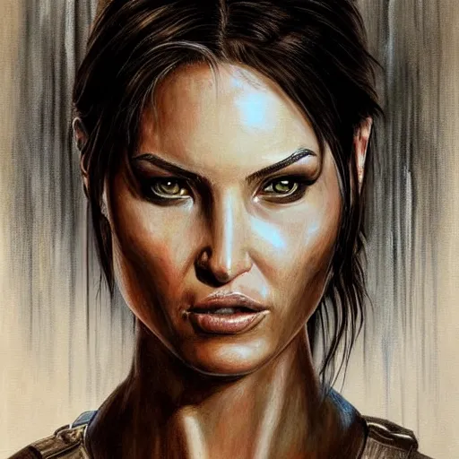 Image similar to Lara Croft detailed headshot Portrait, painting drawn by HR Giger