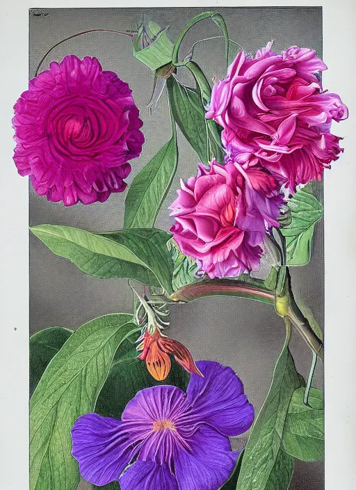 Image similar to fantasy scientific botanical illustration of colorful flower with a female mouth