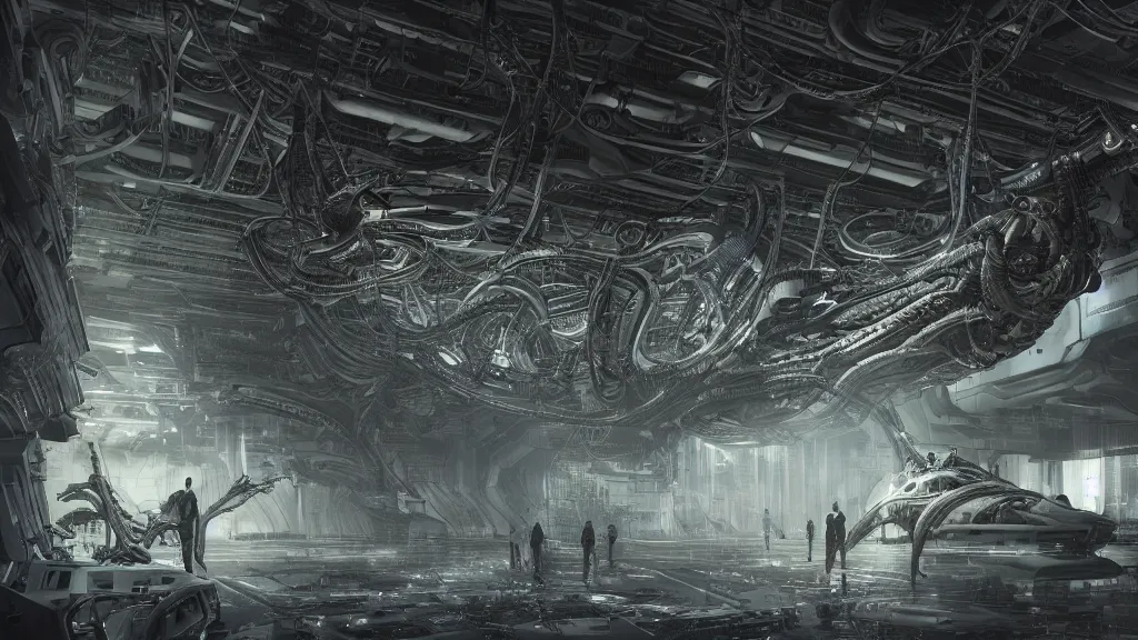 Image similar to a Photorealistic dramatic hyperrealistic,hyper detailed render of an Epic Sci-Fi, Gigantic Alien xenomorph spaceship inside huge interior hangar,intricate bio mechanical surface details in a top secret research facility,many tubes and cables hanging from the ceiling by Greg Rutkowski,Nicolas Bouvier,Sparth,ILM,Beautiful dynamic dramatic dark moody lighting,Volumetric,Cinematic Atmosphere,Octane Render,Artstation,8k