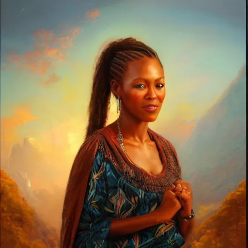 Prompt: portrait of an south african woman ( 3 5 ) from south africa in 2 0 2 1, an oil painting by ross tran and thomas kincade