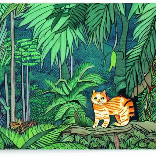 Image similar to a cat in a jungle landscape, by Jim Davis