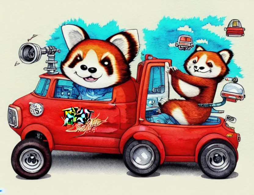 Prompt: cute and funny, red panda riding in a tiny hot rod with oversized engine, ratfink style by ed roth, centered award winning watercolor pen illustration, isometric illustration by chihiro iwasaki, edited by range murata, tiny details by artgerm and watercolor girl, symmetrically isometrically centered