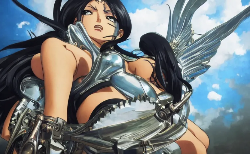 Image similar to mechanized valkyrie of nico robin from one piece, anime style, konami mecha, spread wings, hair down, symmetrical facial features, from arknights, hyper realistic, 4 k, rule of thirds, extreme detail, detailed drawing, trending artstation, hd, d & d, realistic lighting, by alphonse mucha, greg rutkowski