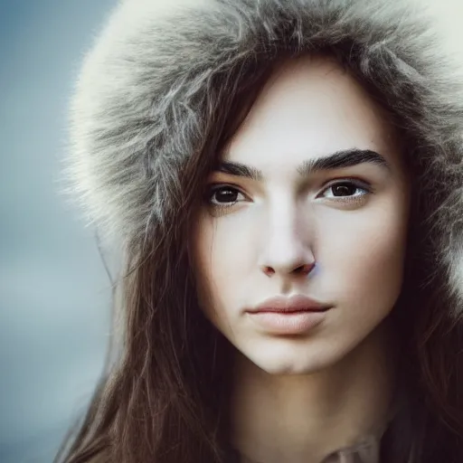 Image similar to a masterpiece portrait photo of a beautiful young woman who looks like an eskimo gal gadot, symmetrical face, random background scene