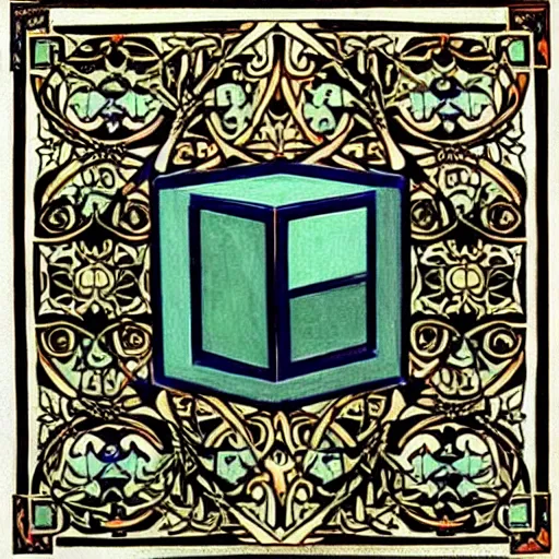 Image similar to beautiful painting of companion - cube!!!!!!!!!!!!!!!!! companion - cube!!!!!!!!!!!!!!!!!, art nouveau. by william morris, gaudy colors. intricate linework. sharp edges.