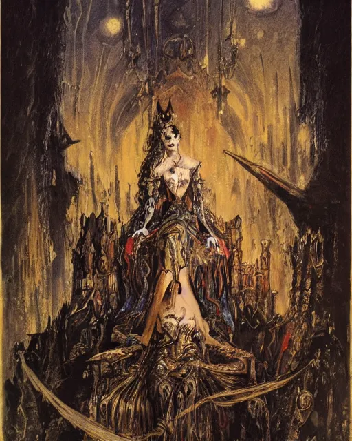 Image similar to an illustration of a dark queen on a throne at night by marc davis and by gustave moreau, realistic, gouache, painting