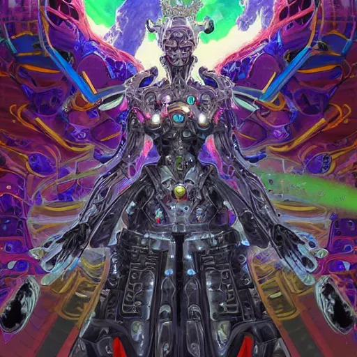 Prompt: A cyborg prismatic amoeba eucaryote anime waifu as the ultimate tyrant emperor of the universe. Trending on ArtStation Trending on Pixiv. A vibrant digital oil painting. A highly detailed sci-fi fantasy character illustration by Wayne Reynolds and Charles Monet and Gustave Dore and Carl Critchlow and Bram Sels and Alphonse Mucha.