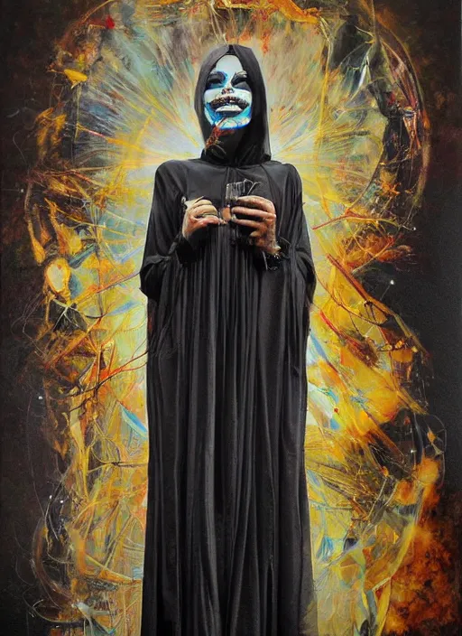 Image similar to cult magic psychic woman smiling, subjective consciousness psychedelic, epic surrealism expressionism symbolism story iconic, dark robed witch, oil painting, robe, symmetrical face, greek dark myth, by Sandra Chevrier, Nicola Samori, Jeff Legg masterpiece