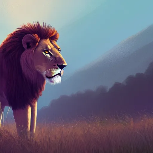 Prompt: A nice lion with a simple rounded line in a meadow, artstation, concept art, smooth, sharp focus, illustration, ArtStation