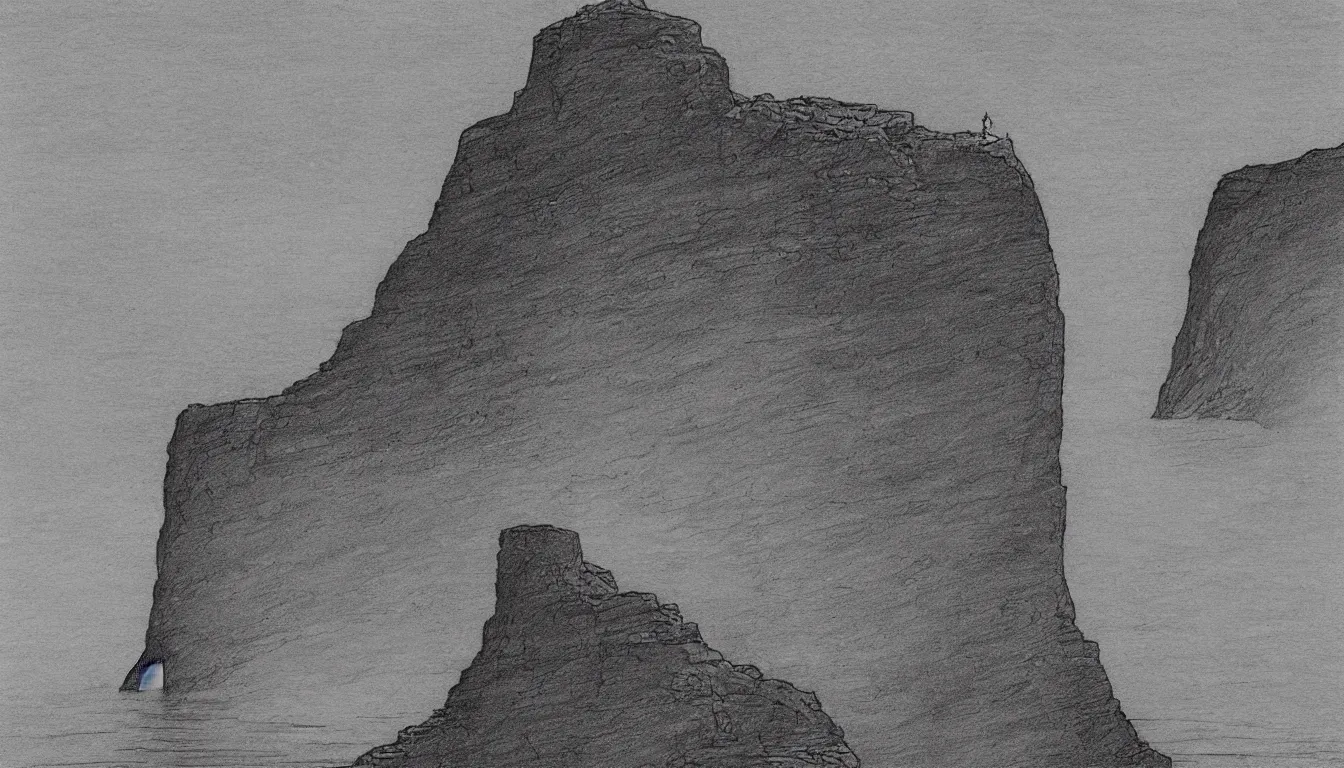 Image similar to ocean cliffs drawing by Moebius, minimalist, detailed, black and white drawing