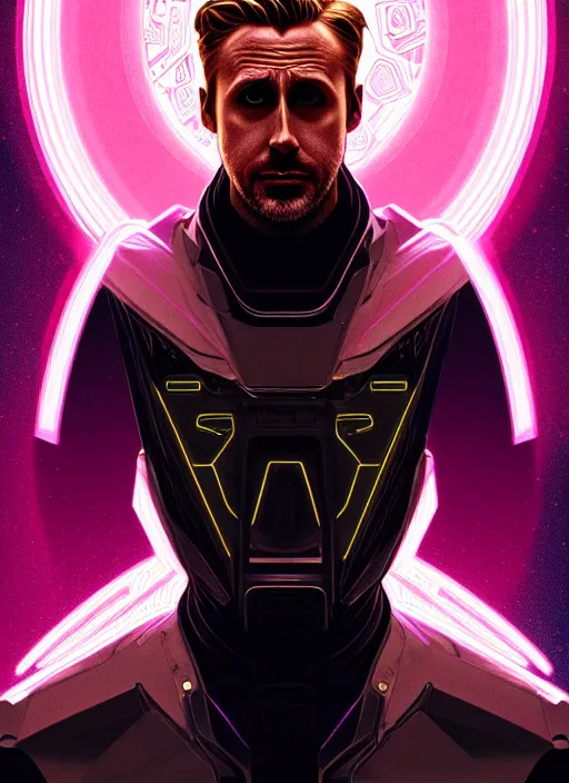 Image similar to symmetry portrait of ryan gosling, sci - fi, tech wear, glowing lights intricate, elegant, highly detailed, digital painting, artstation, concept art, smooth, sharp focus, illustration, art by artgerm and greg rutkowski and alphonse mucha