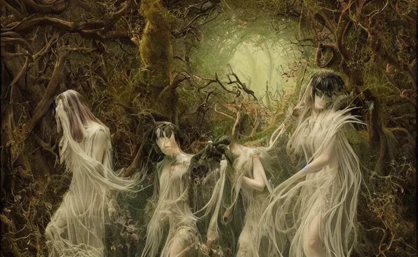 Prompt: a female spectral figure with leaves and feathers twisted in their hair is coming out of the fog with their pack of wolves, moss growing on their clothes, destructive magic pulsing at their fingertips, a spectacular intricate moody biedermeier painting, cgsociety