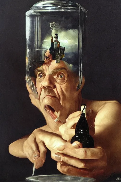 Image similar to a ship in a bottle but instead of a ship it is jack nicholson in the bottle, painting by caravaggio, artgerm, greg rutkowski, edgar maxence, norman rockwell, tom bagshaw