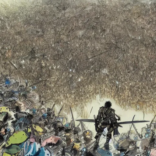 Image similar to one hero with sword looking at army of swordsmen in the background by yoji shinkawa, in the middle of an arena, crowd of people, pencil art, added detail, high definiton, colored, aerial view