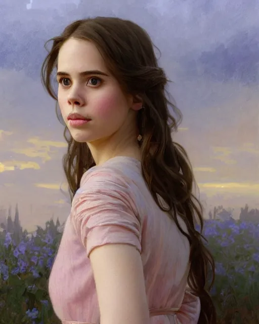 Prompt: a portrait painting of haley atwell / holly earl / erin moriarty hybrid oil painting, gentle expression, smiling, elegant clothing, scenic background, extremely detailed and lifelike, artgerm, greg rutkowski, alphonse mucha, vladimir volegov, adolphe bouguereaum, greg hildebrandt