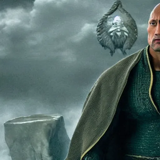 Prompt: dwayne johnson as harry potter character, wearing a wizard robe, full body shot, highly - detailed, sharp focus, award - winning