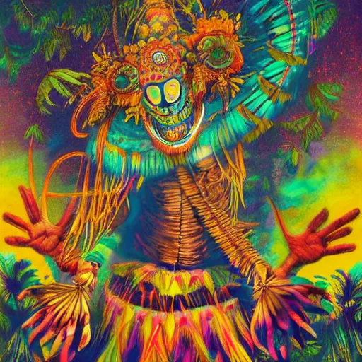 Prompt: surrealist illustration of a shaman having a blast at a shamanistic rave, having fun with the spirits of nature, just having a good time transcending time and space, psychedelic, come on, let's dance