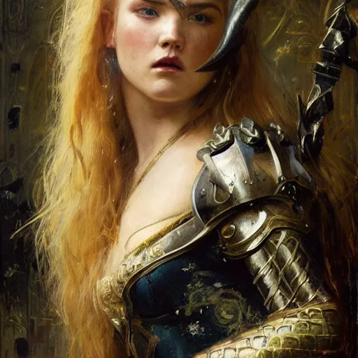 Prompt: blonde florence pugh, wearing dark black ornamented medieval armour, detailed, by gaston bussiere, bayard wu, greg rutkowski, giger, maxim verehin, greg rutkowski, masterpiece, sharp focus,